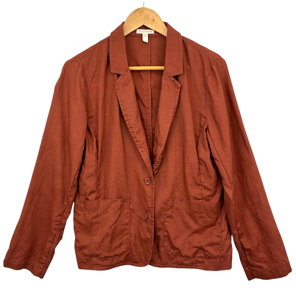Eileen Fisher Blazer Womens Small Petite SP Rust Organic Linen Two Button Jacket